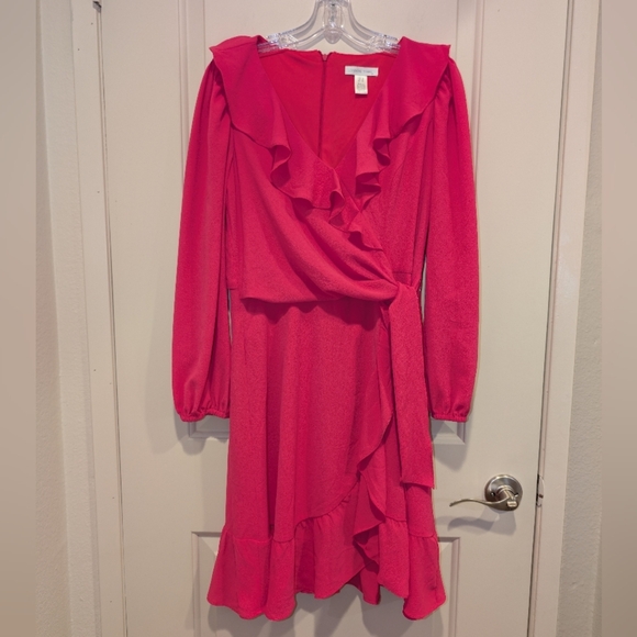 London Times V-Neck Ruffle Detail Long Sleeve Wedding Guest Dresses for Women - Picture 2 of 10